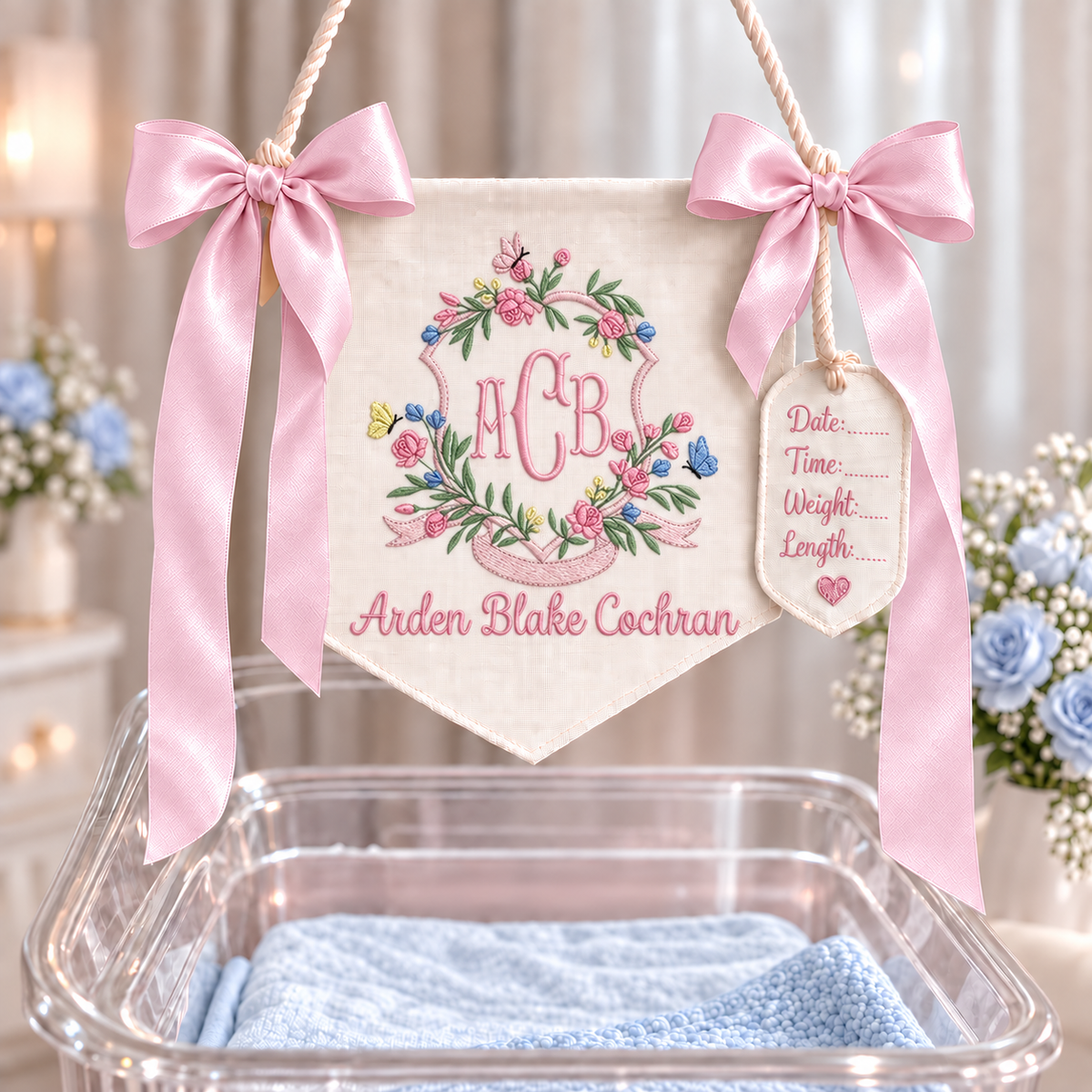 Embroidered Custom Name Monogram Baby Banner, Personalized Baby Banner, Embroidered Baby Name Banner for Baby Shower Gift