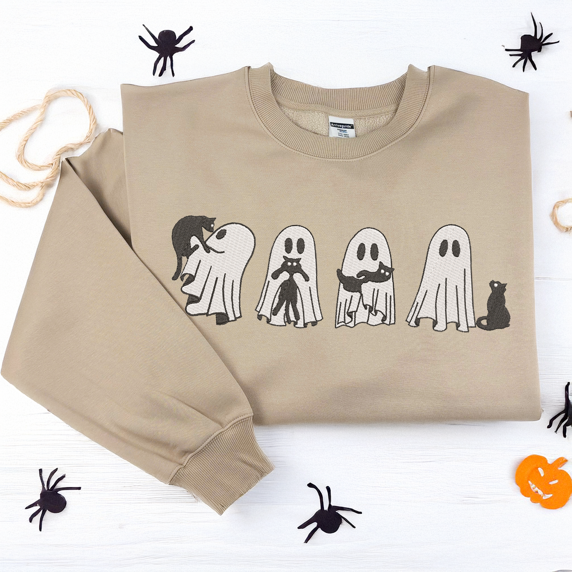Halloween Blackcat & Ghost Embroidered Crewneck Sweatshirt, Funny Halloween Shirt, Gift for Her