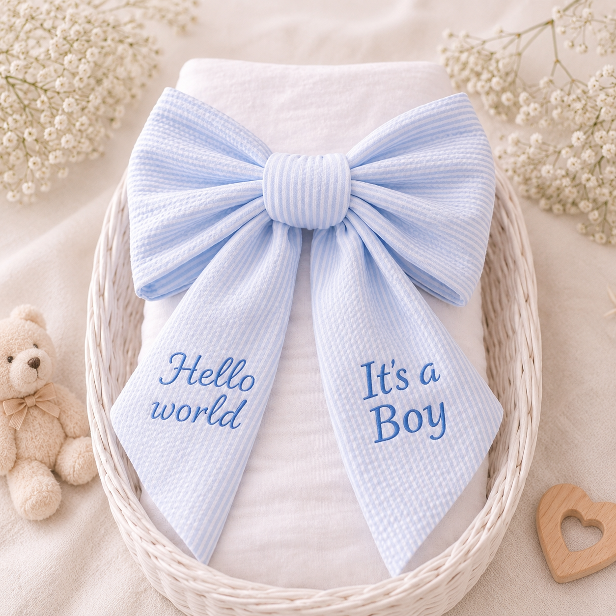 Custom Embroidered Newborn Bow Sash for Swaddle | Hello World Baby Boy/Girl Photo Prop #N1