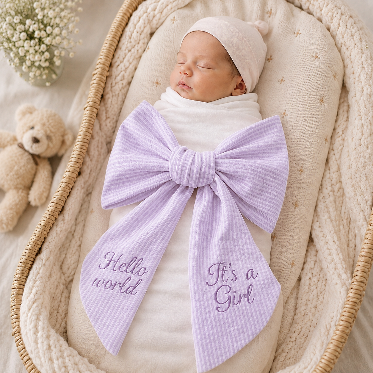 Custom Embroidered Newborn Bow Sash for Swaddle | Hello World Baby Boy/Girl Photo Prop #N1