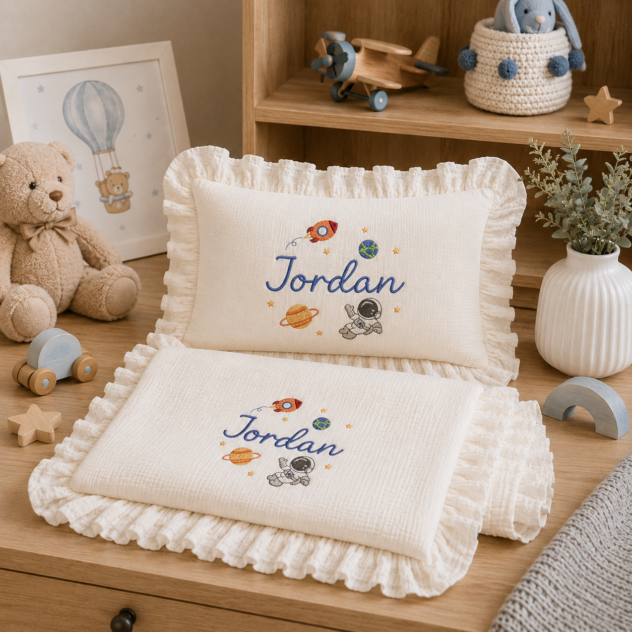 Personalized Baby Name Muslin Blanket & Ruffle Pillow Set | Custom Embroidered Cotton Baby Blanket | Newborn Gift #N1