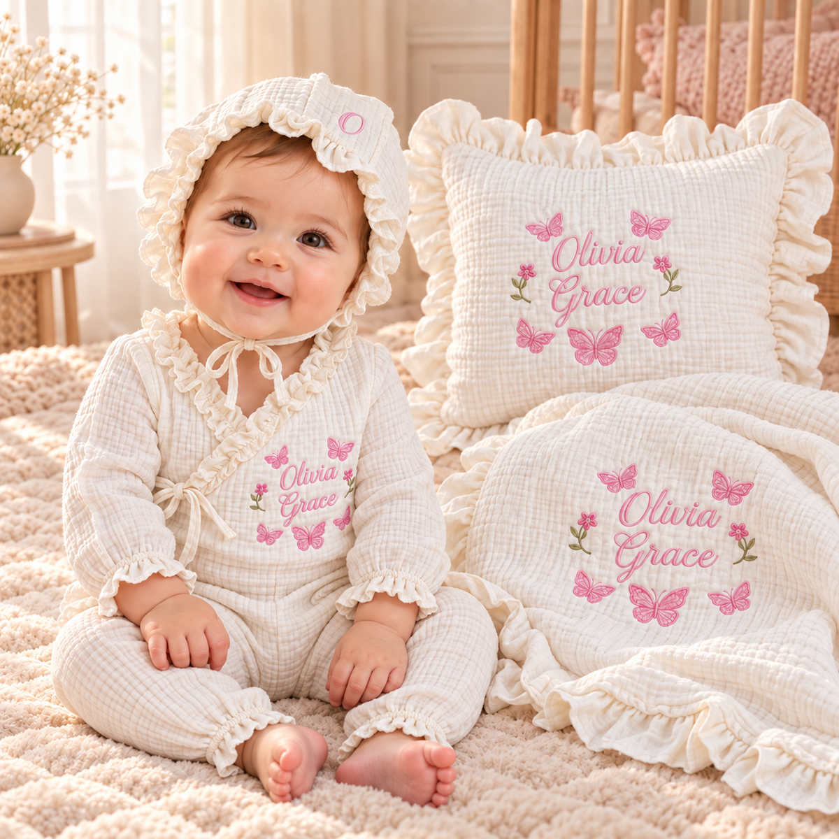 Custom Embroidered Muslin Baby Blanket & Ruffle Pillow | Personalized Baby Name Blanket | Luxury Newborn Gift Set