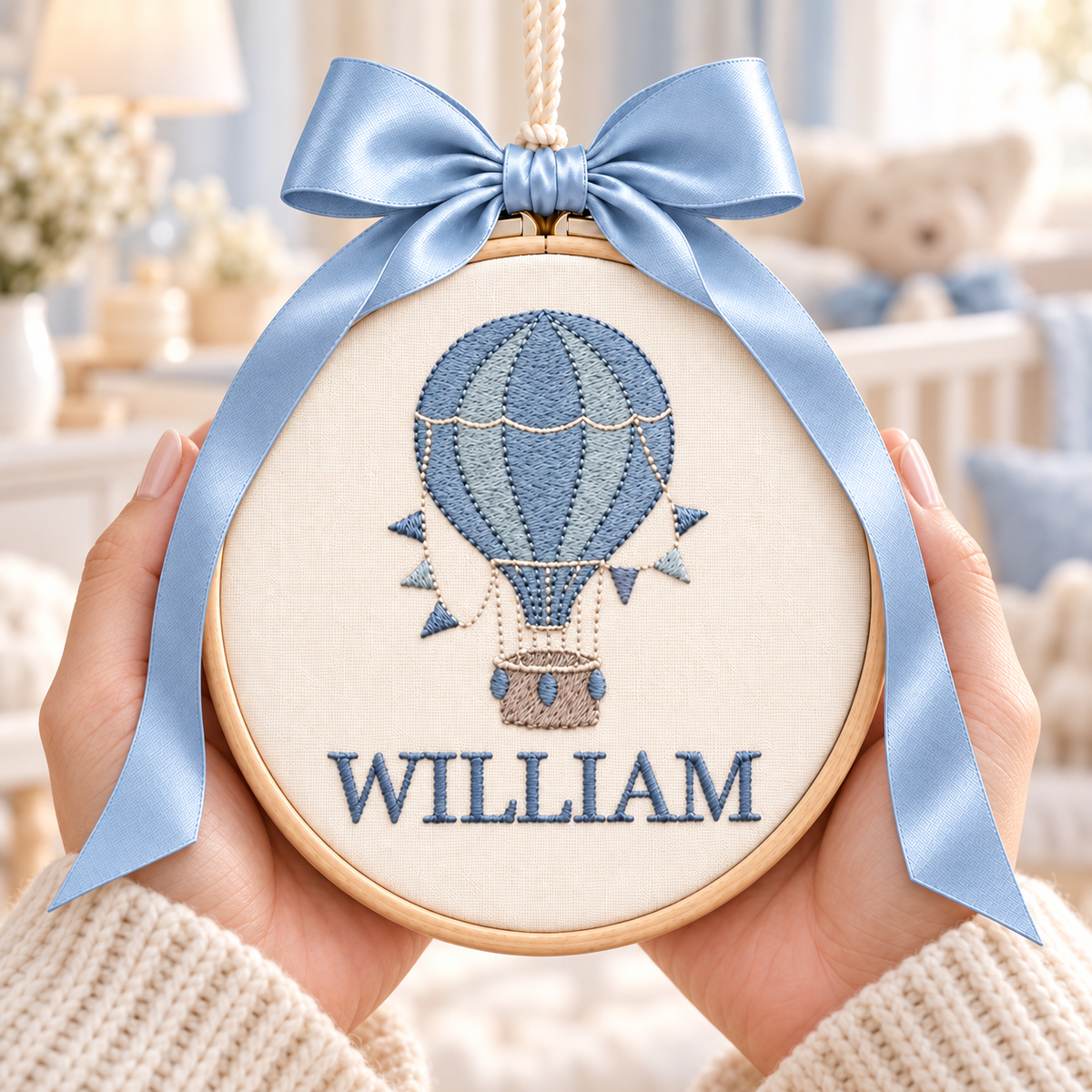 Personalized Hot Air Balloon Name Ornament, Embroidered Baby Keepsake with Ribbon Bow