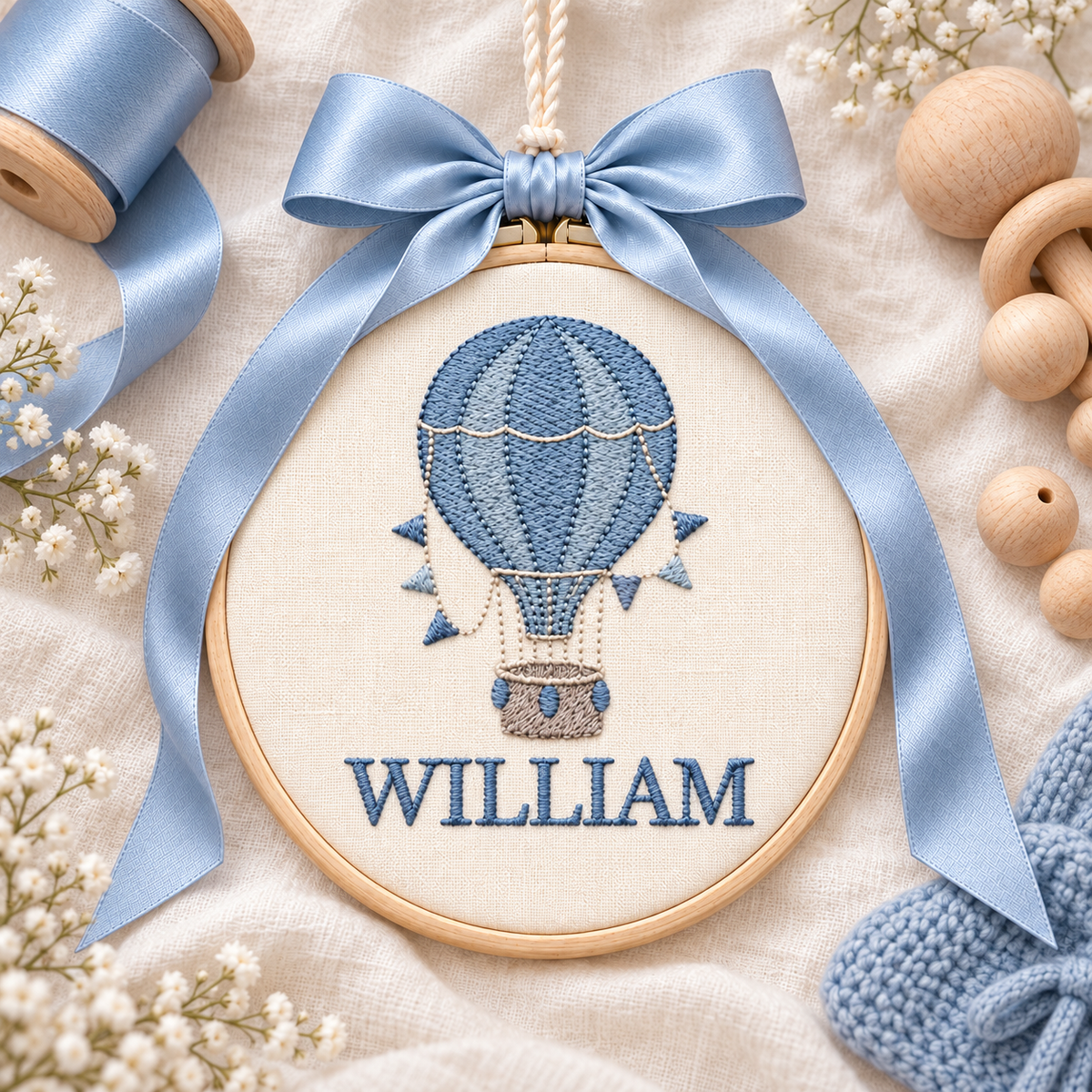 Personalized Hot Air Balloon Name Ornament, Embroidered Baby Keepsake with Ribbon Bow