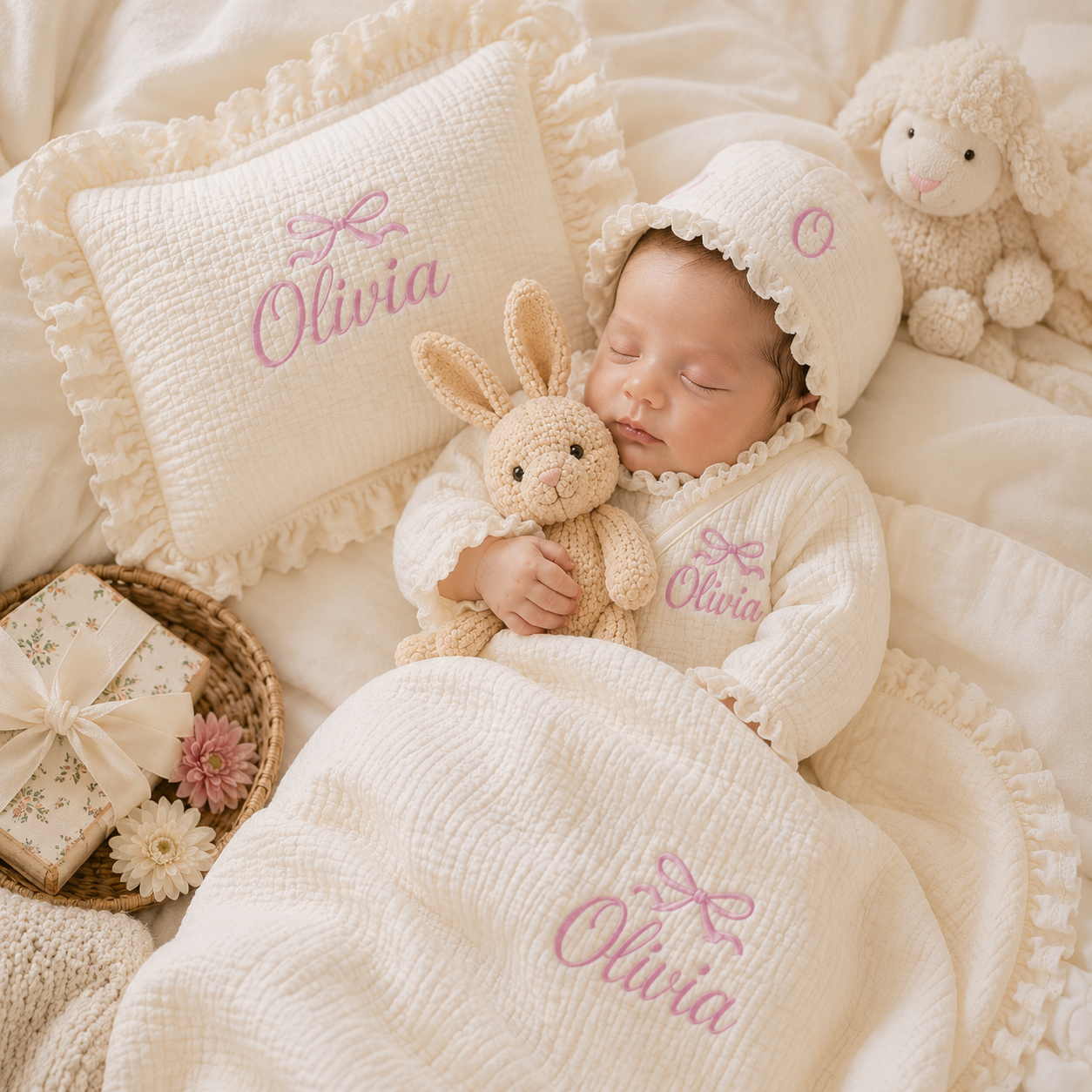 Personalized Newborn Baby Gift Set – Custom Name Embroidered Muslin Romper, Blanket & Pillow #N1