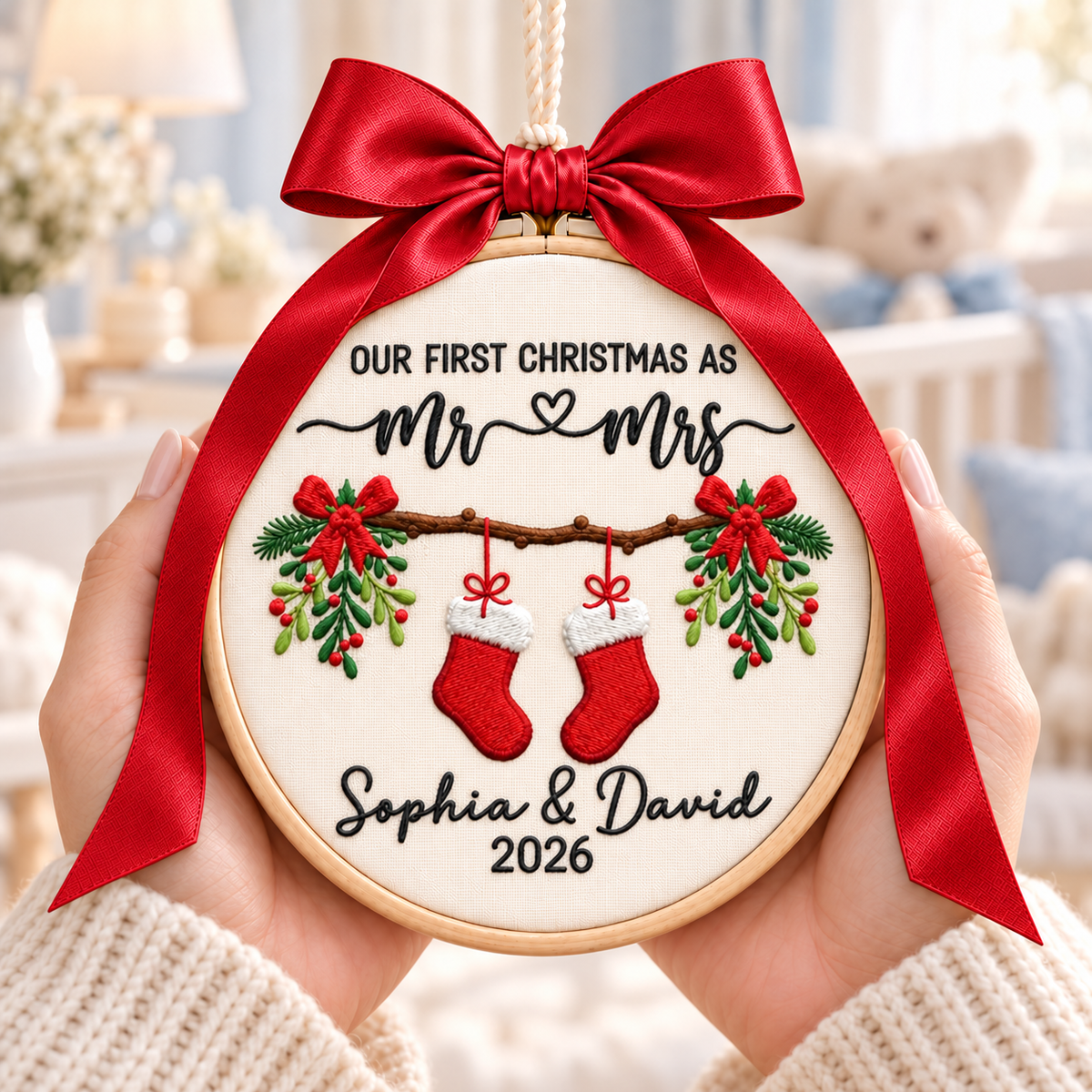 Our First Christmas as Mr & Mrs Ornament, Personalized Embroidered Newlywed Keepsake