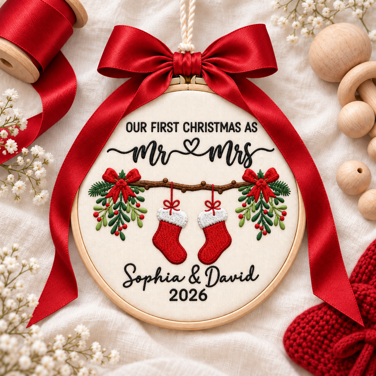 Our First Christmas as Mr & Mrs Ornament, Personalized Embroidered Newlywed Keepsake