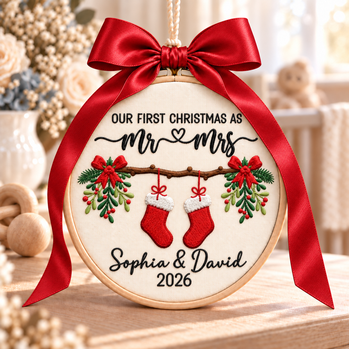 Our First Christmas as Mr & Mrs Ornament, Personalized Embroidered Newlywed Keepsake