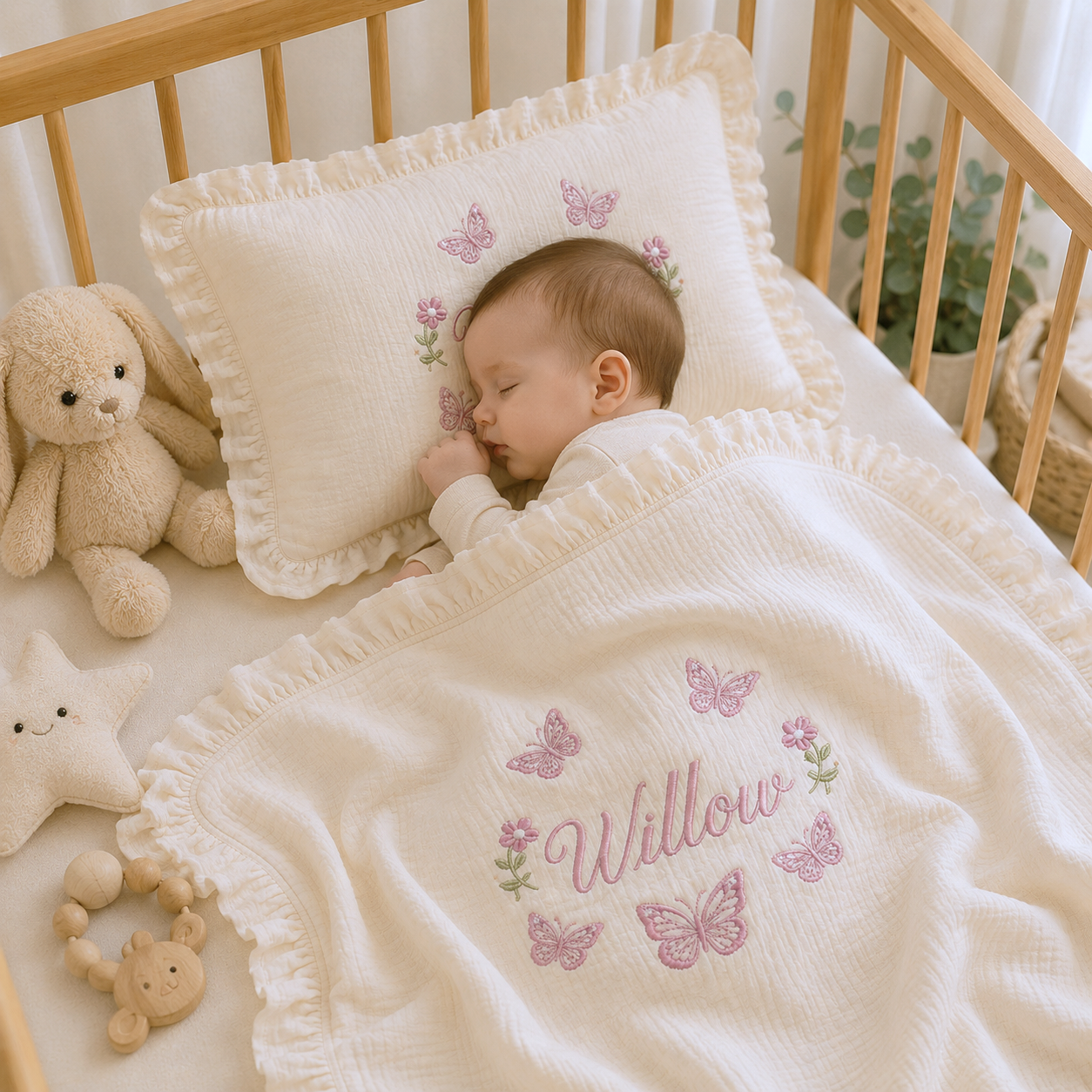 Custom Embroidered Muslin Baby Blanket & Ruffle Pillow | Personalized Baby Name Blanket | Luxury Newborn Gift Set #N1