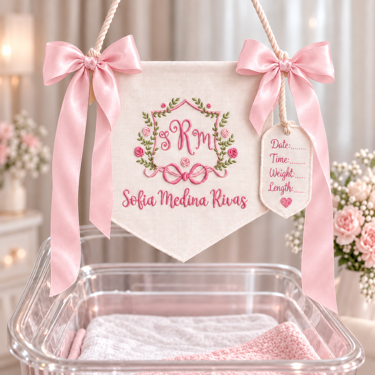 Custom Baby Banner For Hospital Door Sign & Nursery, Monogram Baby Announcement Banner, Embroidered Baby Name Banner for Baby Shower Gift