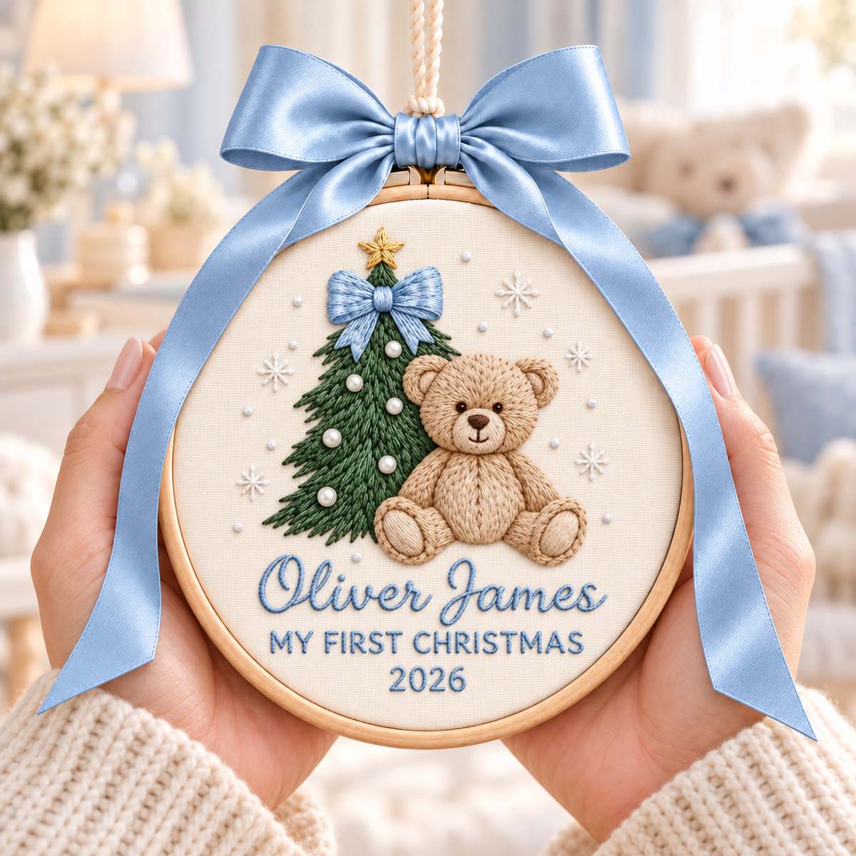 Teddy Bear My First Christmas Ornament, Personalized Embroidered Baby Name Keepsake