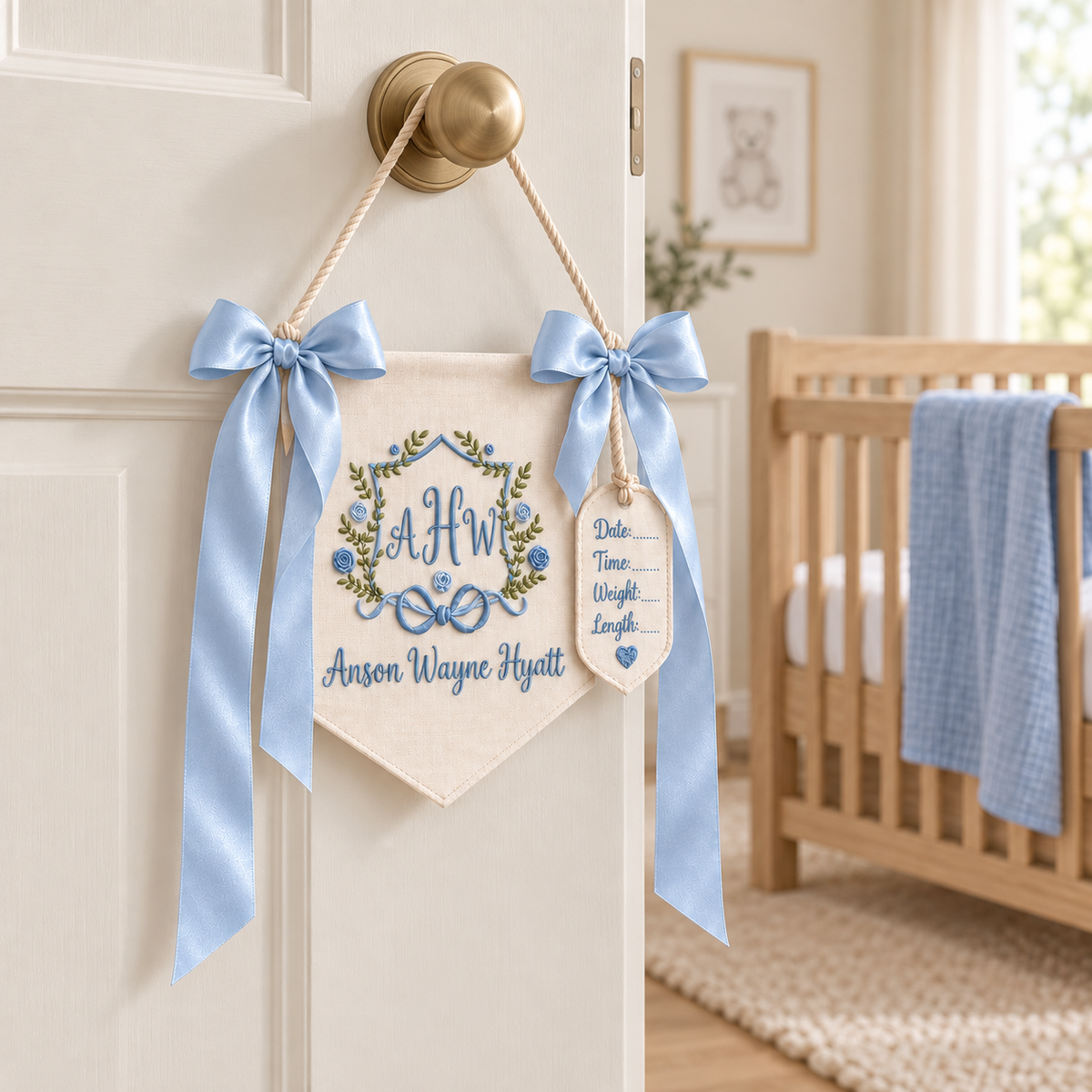 Custom Baby Banner For Hospital Door Sign & Nursery, Monogram Baby Announcement Banner, Embroidered Baby Name Banner for Baby Shower Gift