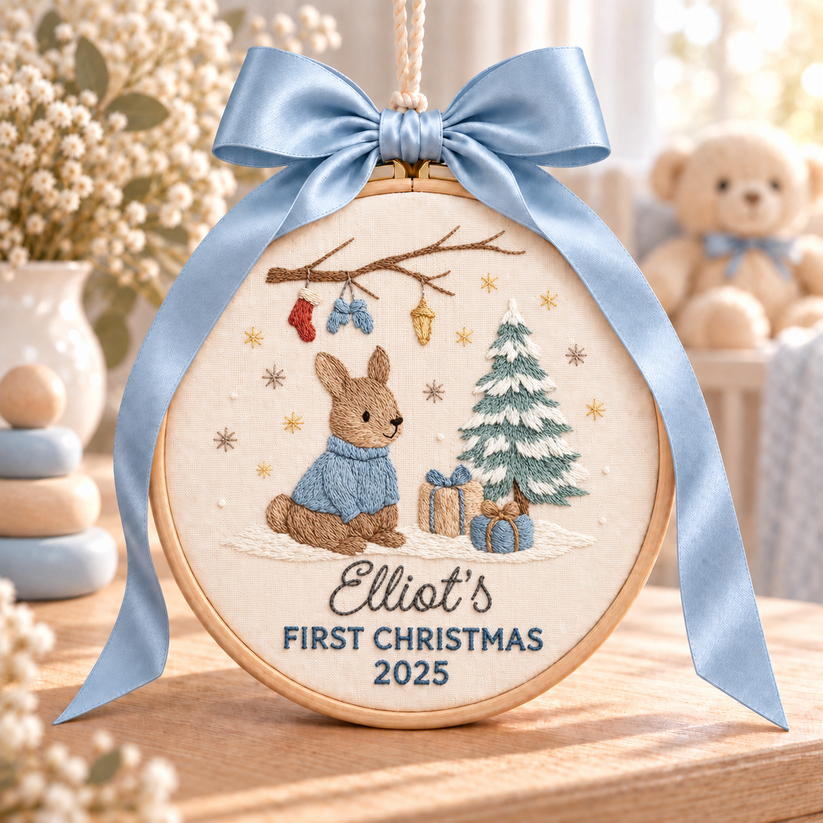 Bunny Baby's First Christmas Ornament, Personalized Embroidered Name Keepsake in Blue or Pink