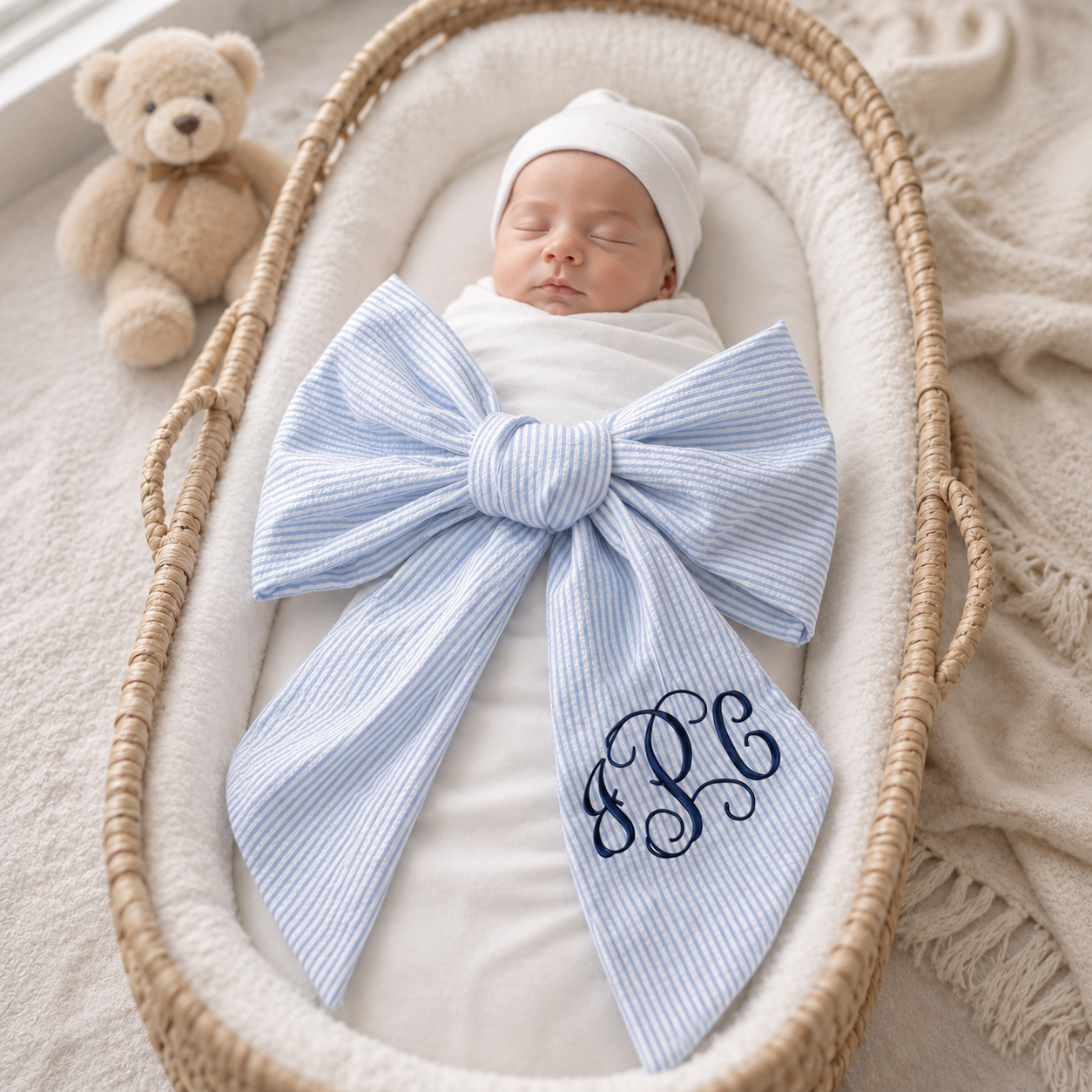 Personalized Embroidered Newborn Bow Sash, Bow Swaddle Girl, Custom Monogrammed Seersucker Bow, Sash For Baby Pictures, Birth Announcement #N1