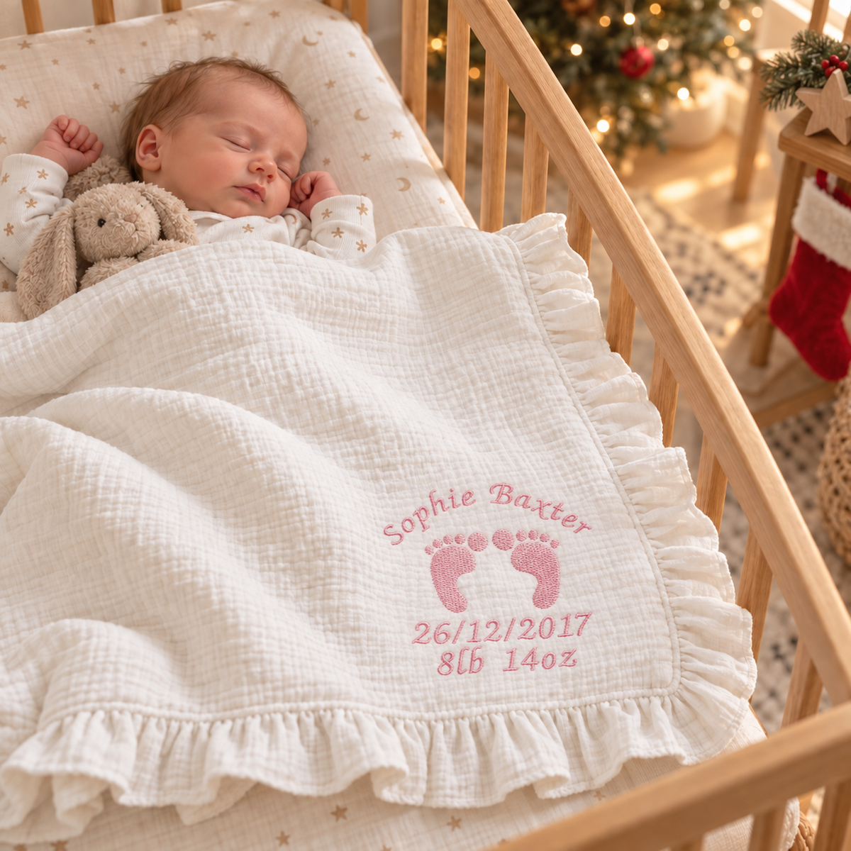 Personalized Ruffle Muslin Baby Blanket | Soft Cotton Name Gift