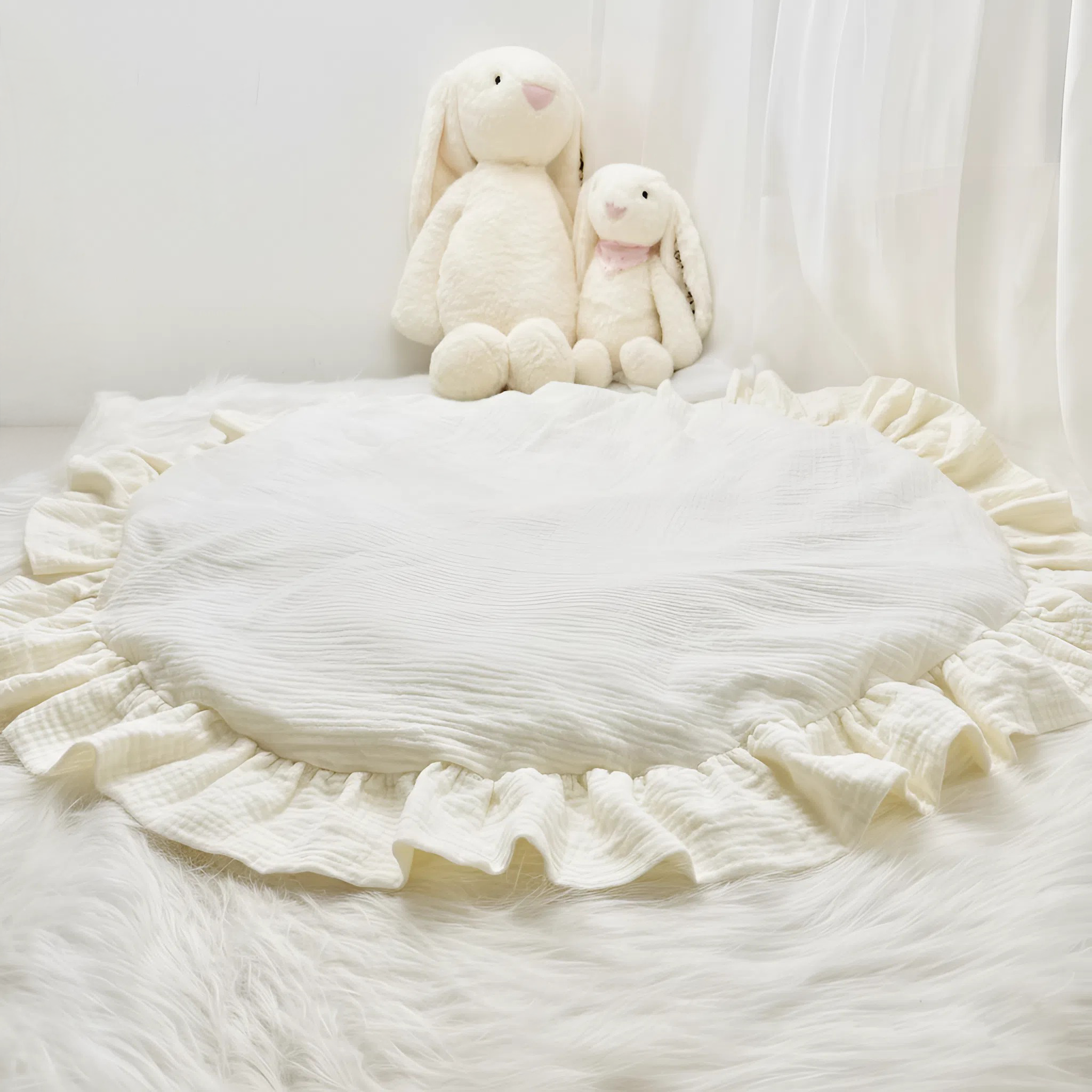 Personalized Round Baby Play Mat | Muslin Cotton Floor Mat with Ruffle, Custom Embroidered Baby Name Rug, 100cm Padded Play Mat