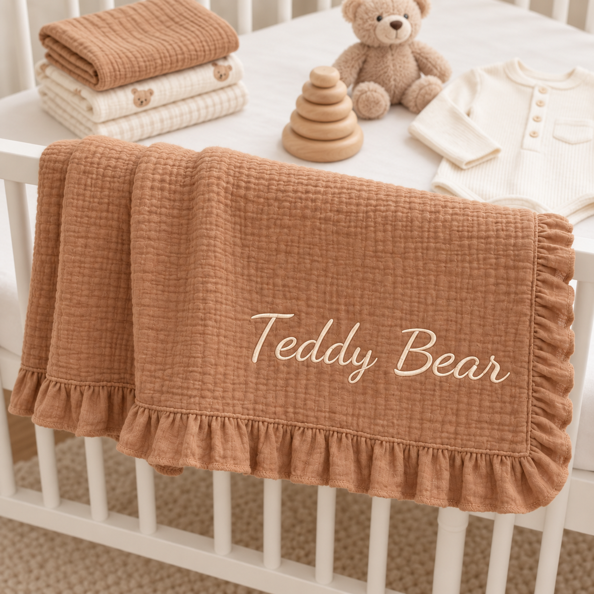 Custom Floral Baby Name Blanke, Personalized Embroidered Ruffle Cotton Muslin Blanket, Baby Shower Gift