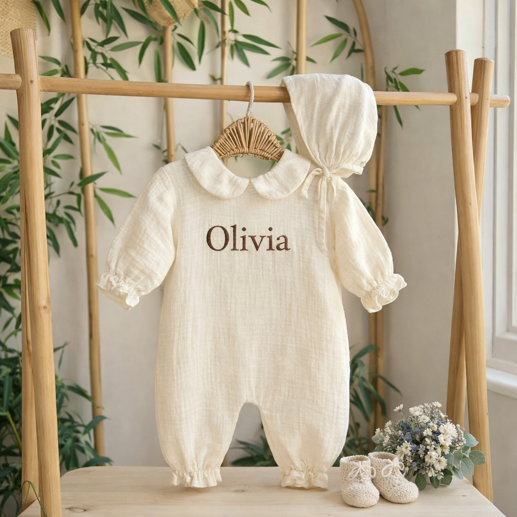 Personalized Baby Girl Muslin Romper with Bonnet, Embroidered Newborn Cotton Gauze Jumpsuit, Soft Long Sleeve Baby Outfit