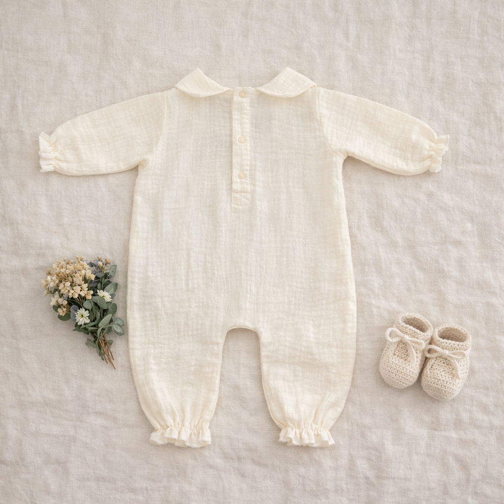 Personalized Baby Girl Muslin Romper with Bonnet, Embroidered Newborn Cotton Gauze Jumpsuit, Soft Long Sleeve Baby Outfit
