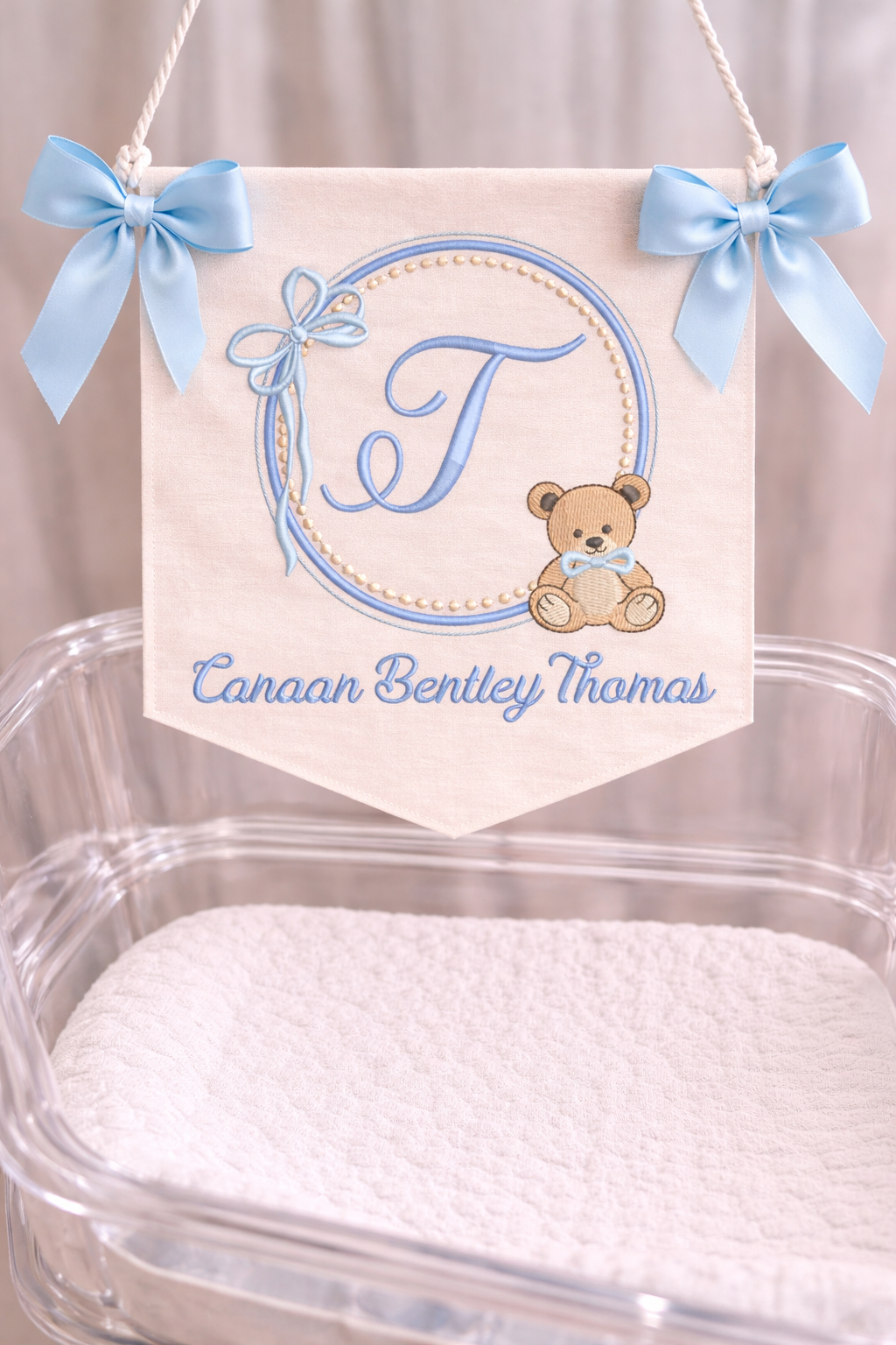 Personalized Baby Name Sign for Hospital Bassinet, Embroidered Newborn Nursery Banner with Birth Stats Tag, Baby Shower Gift