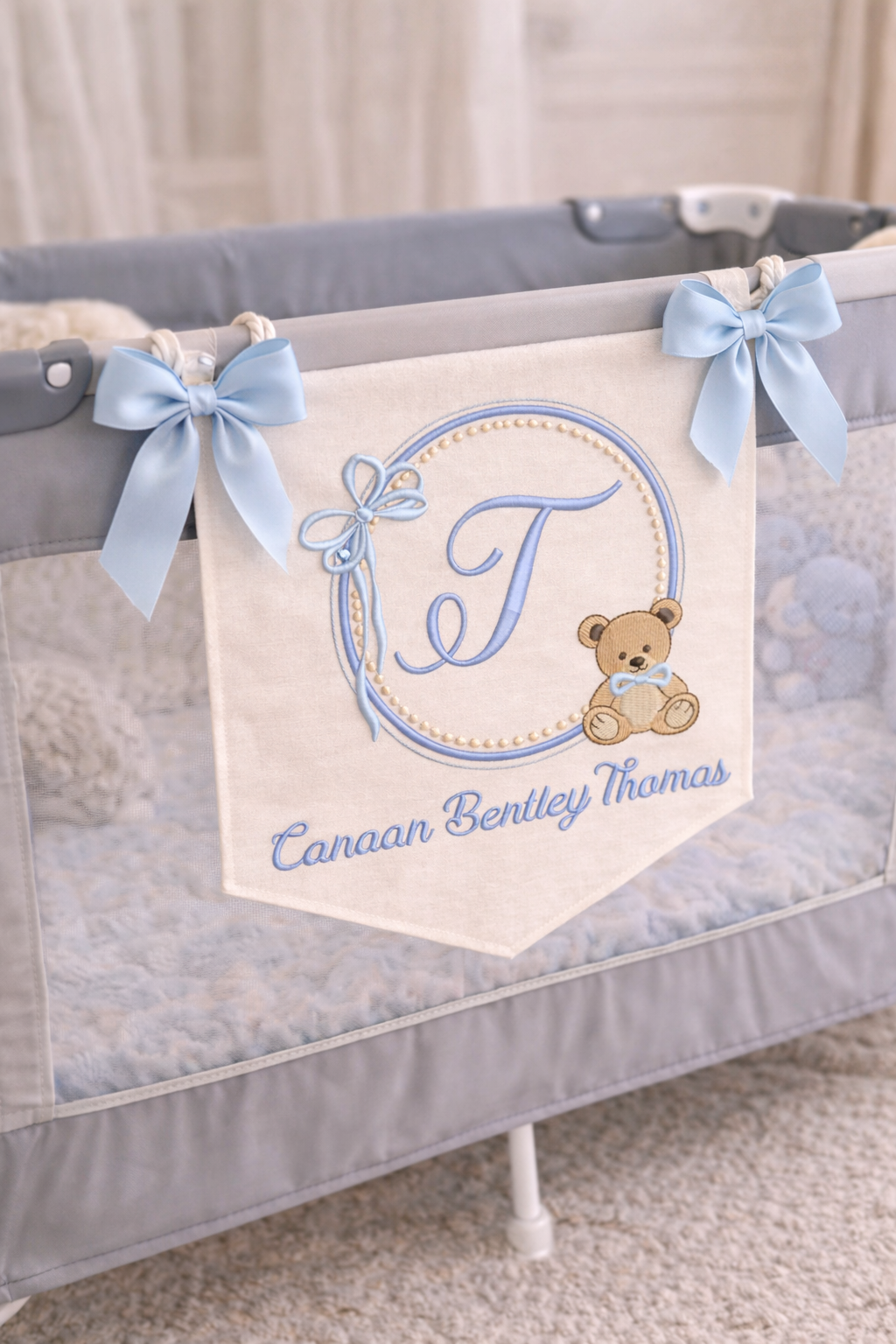 Personalized Baby Name Sign for Hospital Bassinet, Embroidered Newborn Nursery Banner with Birth Stats Tag, Baby Shower Gift