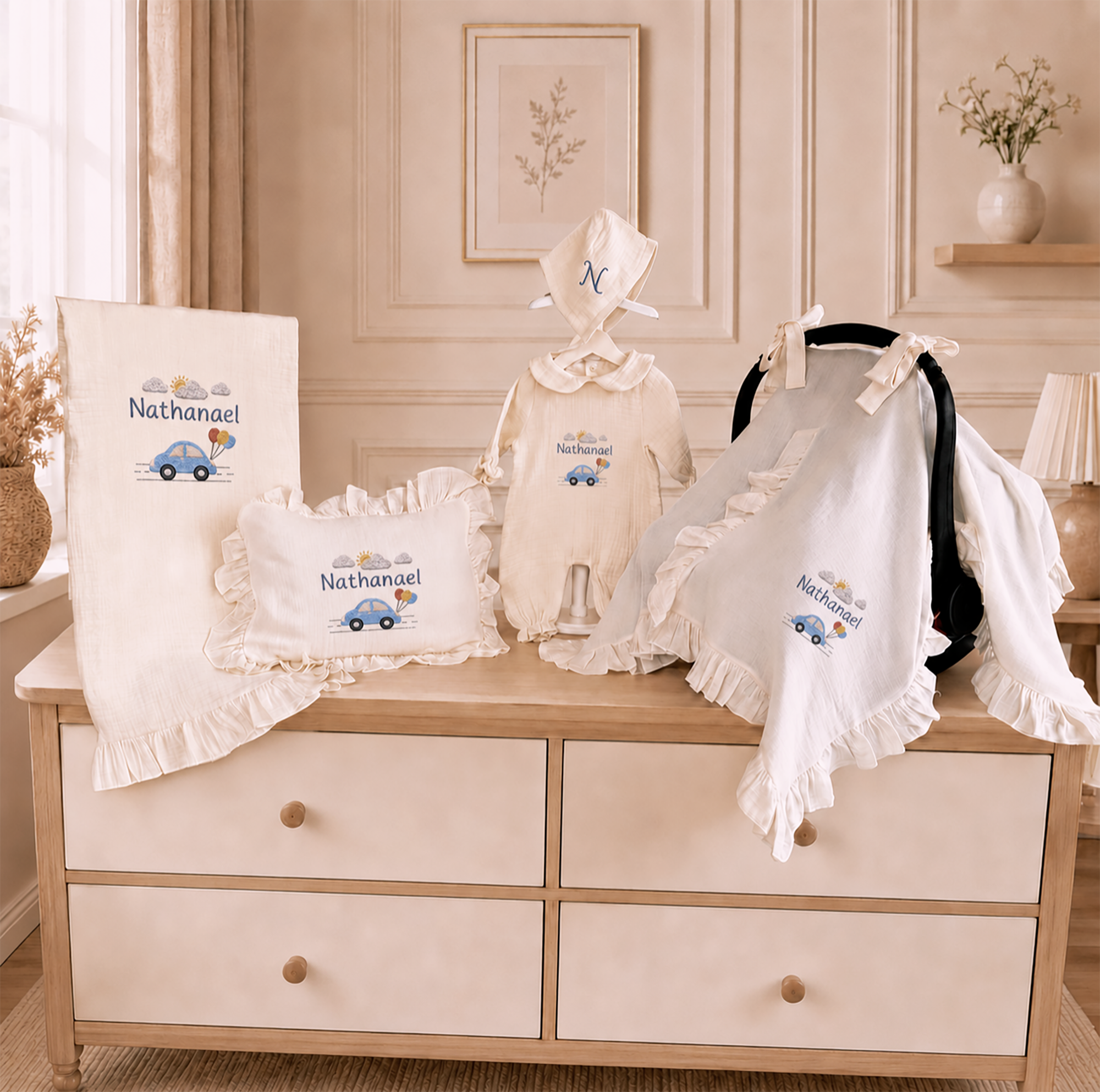 Personalized Baby Gift Set 4 Pieces | Muslin Romper Blanket Pillow Stroller Cover | Custom Name