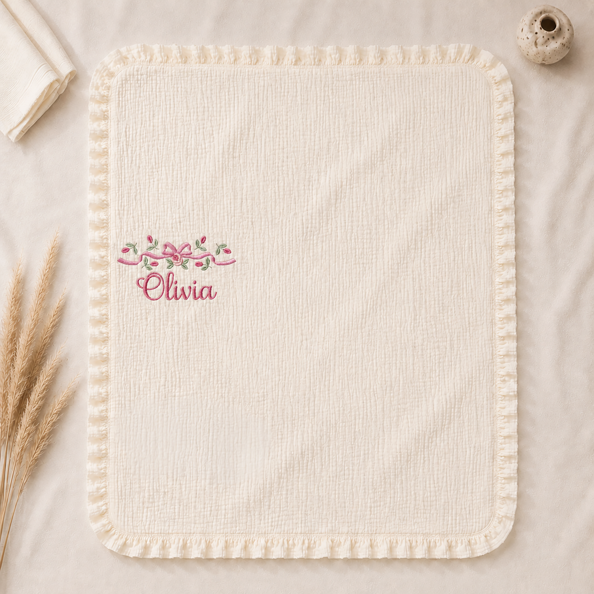 Personalized Muslin Baby Blanket — Custom Name Embroidery