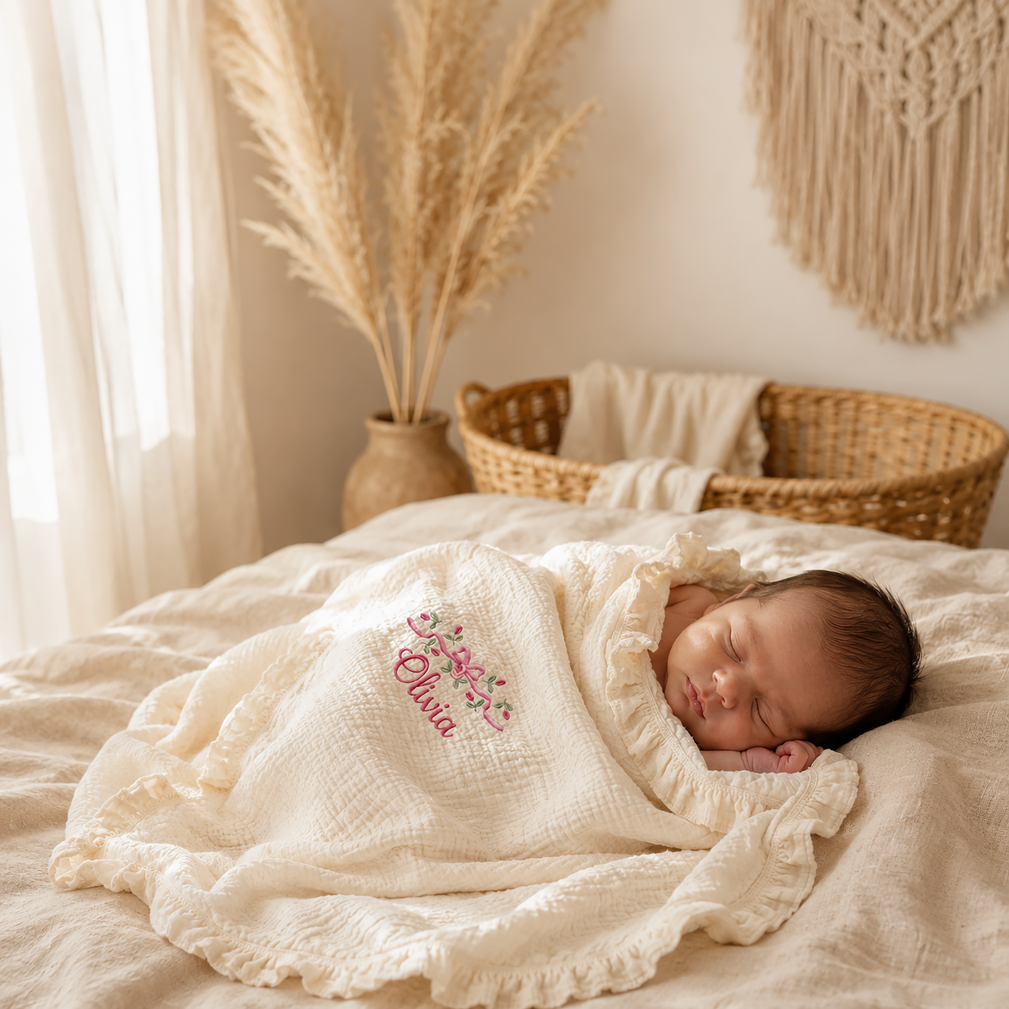 Personalized Muslin Baby Blanket — Custom Name Embroidery