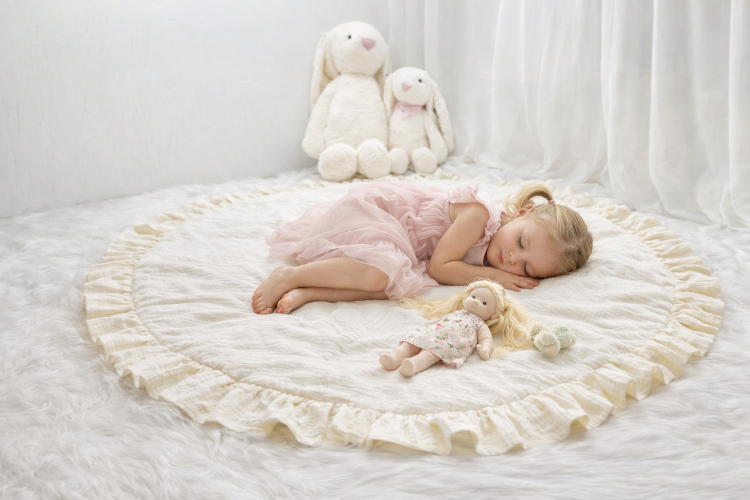 Personalized Round Baby Play Mat | Muslin Cotton Floor Mat with Ruffle, Custom Embroidered Baby Name Rug, 100cm Padded Play Mat