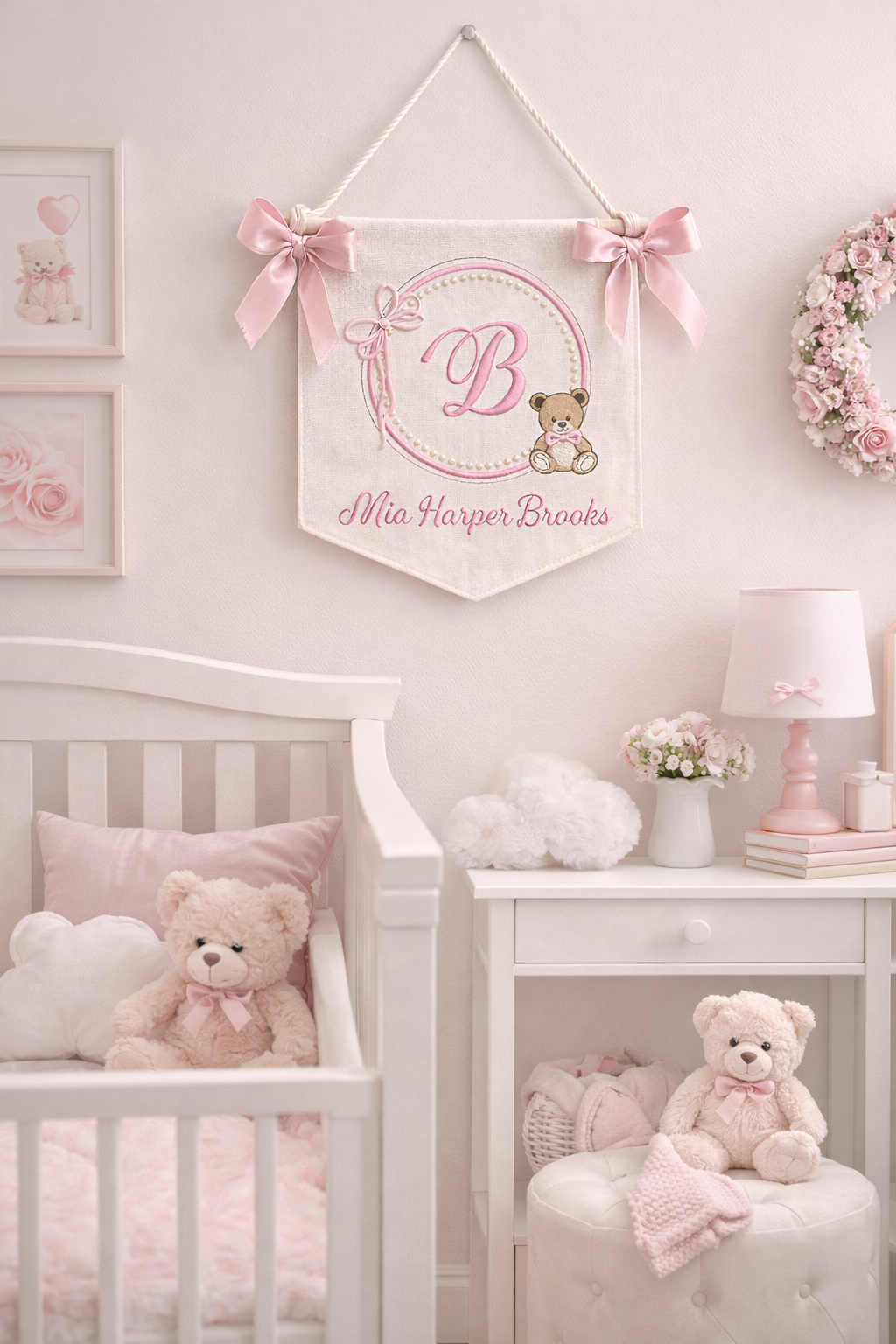 Personalized Baby Name Sign for Hospital Bassinet, Embroidered Newborn Nursery Banner with Birth Stats Tag, Baby Shower Gift