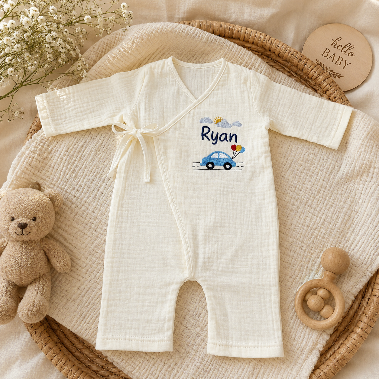 Personalized Baby Boy Muslin Kimono Romper – Custom Embroidered Name Outfit, Soft Newborn Coming Home Outfit, Baby Shower Gift