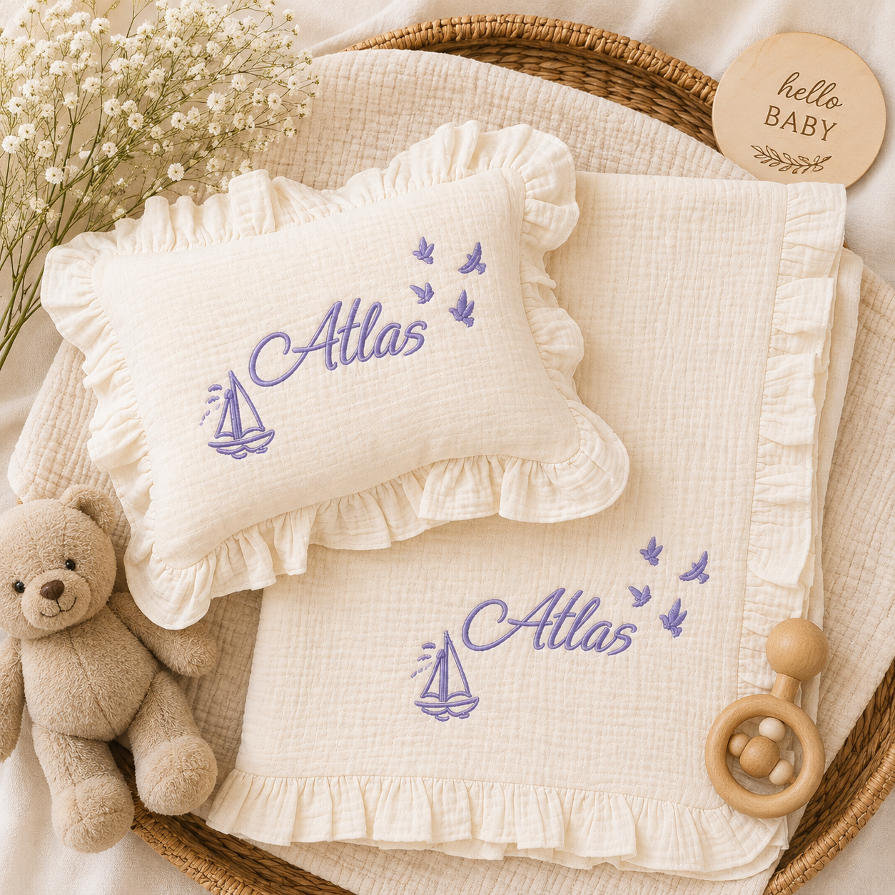Personalized Baby Blanket & Pillow Set – Embroidered Muslin Baby Bedding with Ruffle Trim, Custom Name Nursery Gift