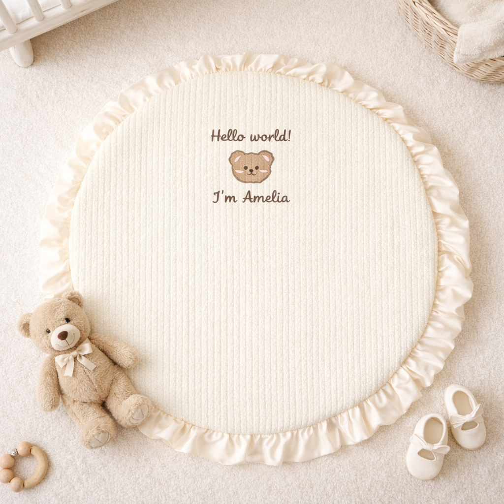 Personalized Round Baby Play Mat with Ruffle Edge, Custom Embroidered Baby Name Playmat, 100 cm Baby Shower Gift