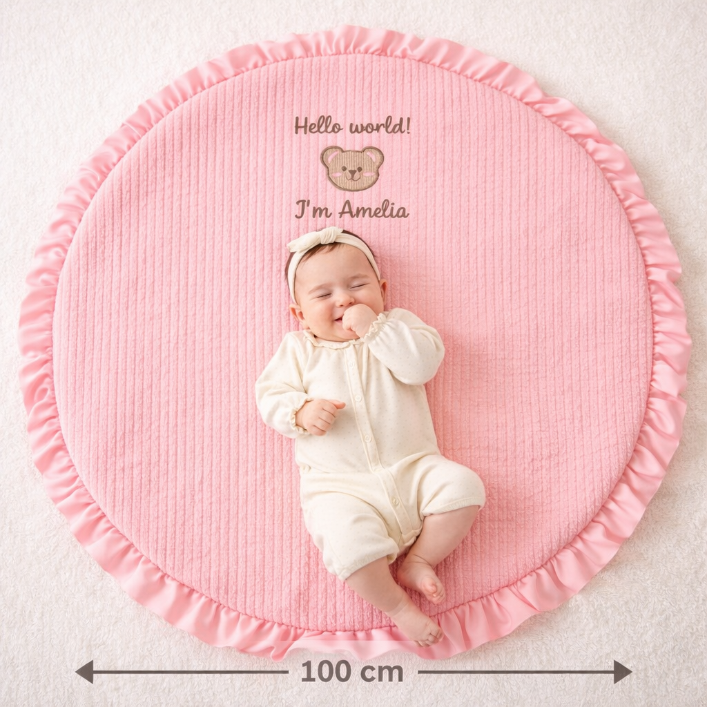 Personalized Round Baby Play Mat with Ruffle Edge, Custom Embroidered Baby Name Playmat, 100 cm Baby Shower Gift