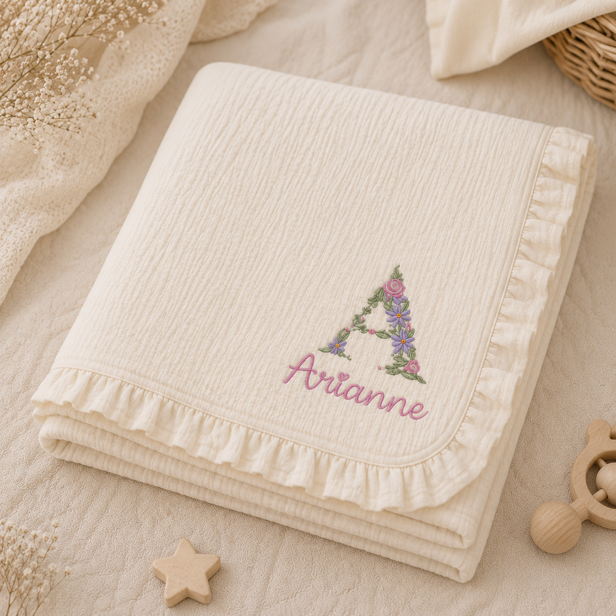 Personalized Floral Initial Muslin Baby Blanket, Newborn Baby Shower Gift, Nursery Keepsake