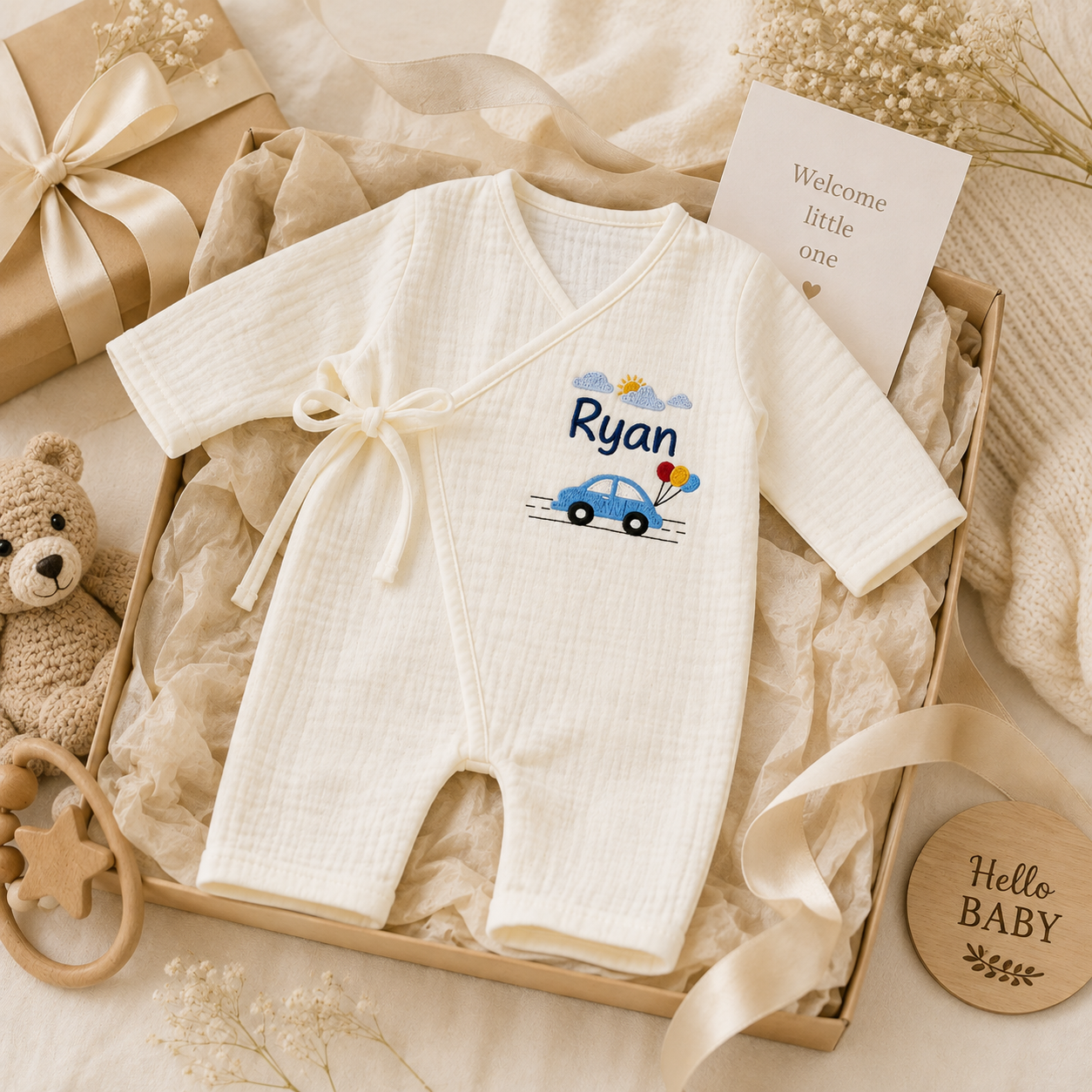 Personalized Baby Boy Muslin Kimono Romper – Custom Embroidered Name Outfit, Soft Newborn Coming Home Outfit, Baby Shower Gift