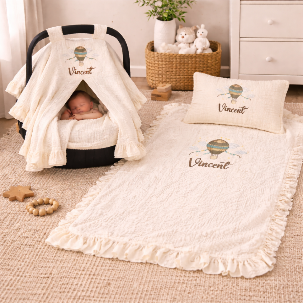 Personalized Baby Gift Set – Embroidered Muslin Car Seat Canopy, Baby Blanket & Pillow with Name