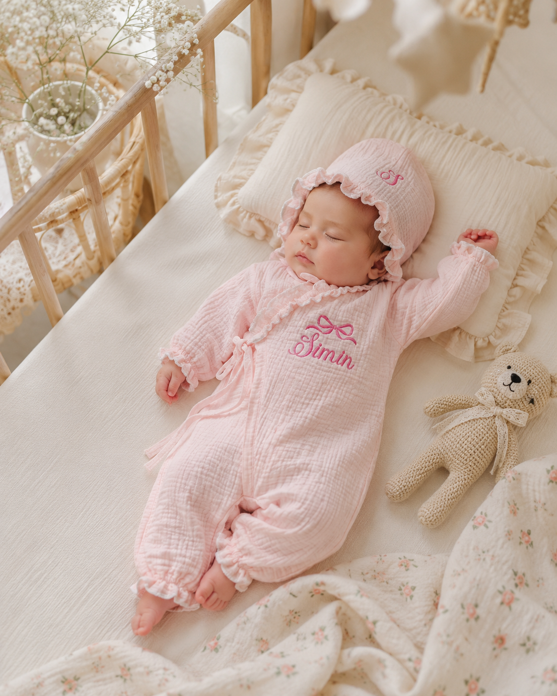 Personalized Baby Muslin Romper Set with Bonnet, Embroidered Baby Girl Outfit, Soft Cotton Gauze Newborn Gift