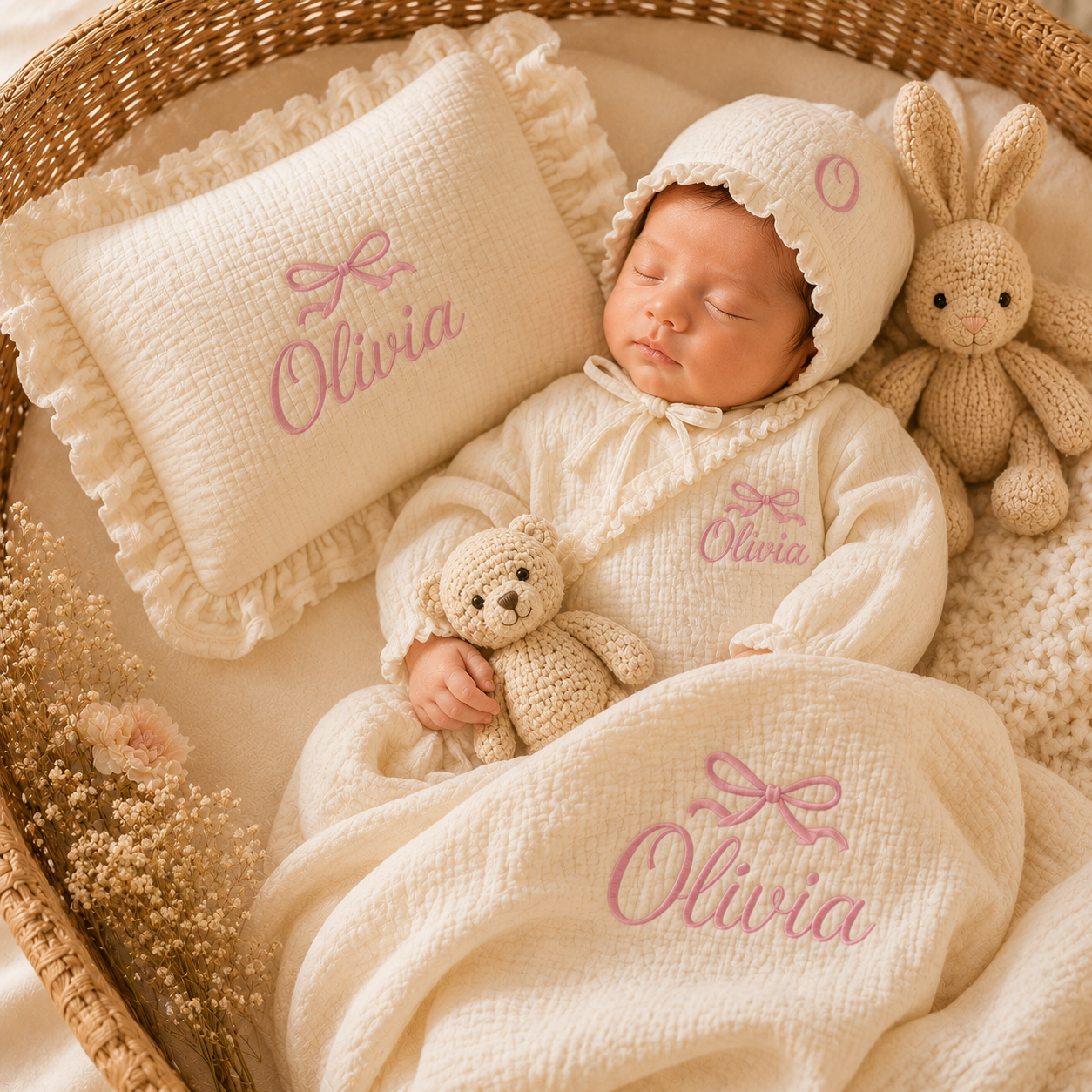 Personalized Muslin Baby Gift Set – Custom Embroidered Newborn Romper, Blanket, Pillow & Bonnet