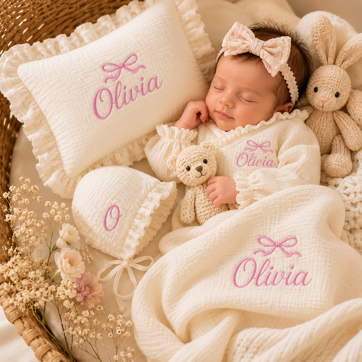 Personalized Muslin Baby Gift Set – Custom Embroidered Newborn Romper, Blanket, Pillow & Bonnet