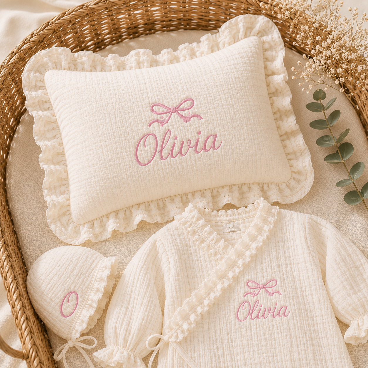 Personalized Muslin Baby Gift Set – Custom Embroidered Newborn Romper, Blanket, Pillow & Bonnet