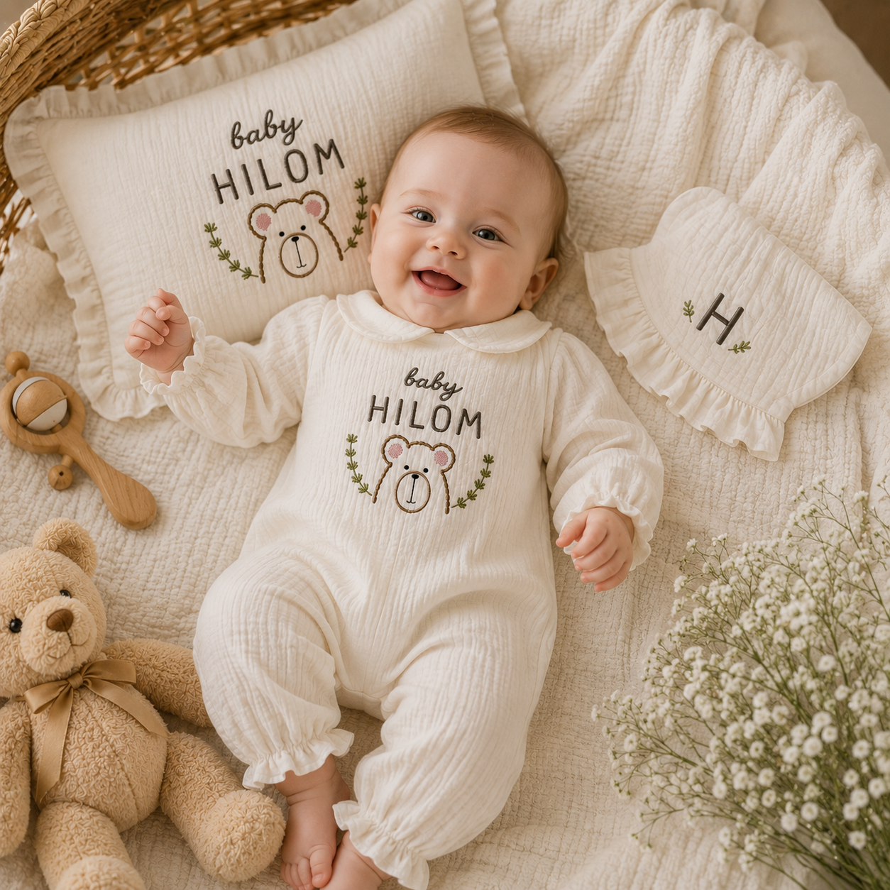 Personalized Embroidered Baby Gift Set – Muslin Blanket, Ruffle Pillow, Romper & Bonnet
