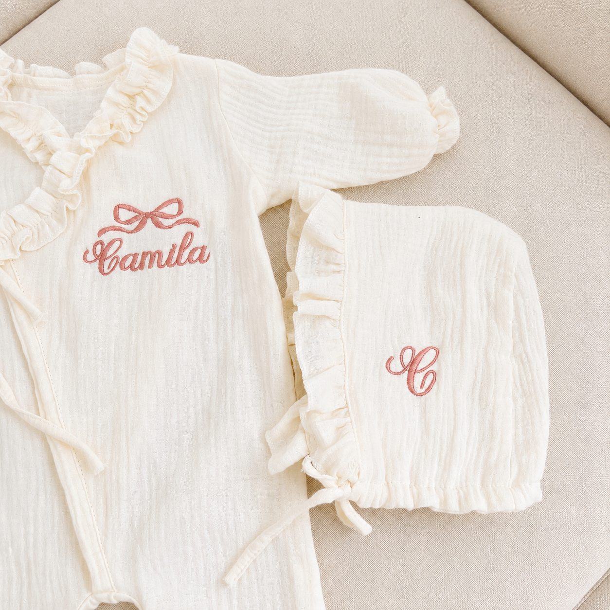 Personalized Baby Muslin Romper Set with Bonnet, Embroidered Baby Girl Outfit, Soft Cotton Gauze Newborn Gift