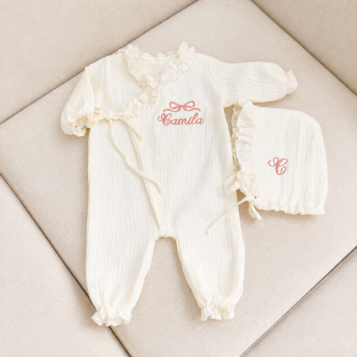 Personalized Baby Muslin Romper Set with Bonnet, Embroidered Baby Girl Outfit, Soft Cotton Gauze Newborn Gift