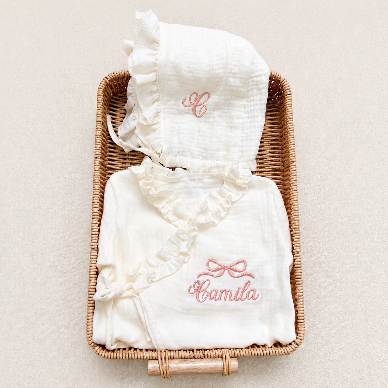 Personalized Baby Muslin Romper Set with Bonnet, Embroidered Baby Girl Outfit, Soft Cotton Gauze Newborn Gift