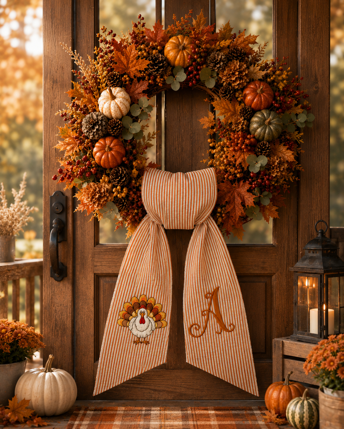 Personalized Thanksgiving Wreath Bow – Embroidered Turkey & Monogram Fall Door Decor