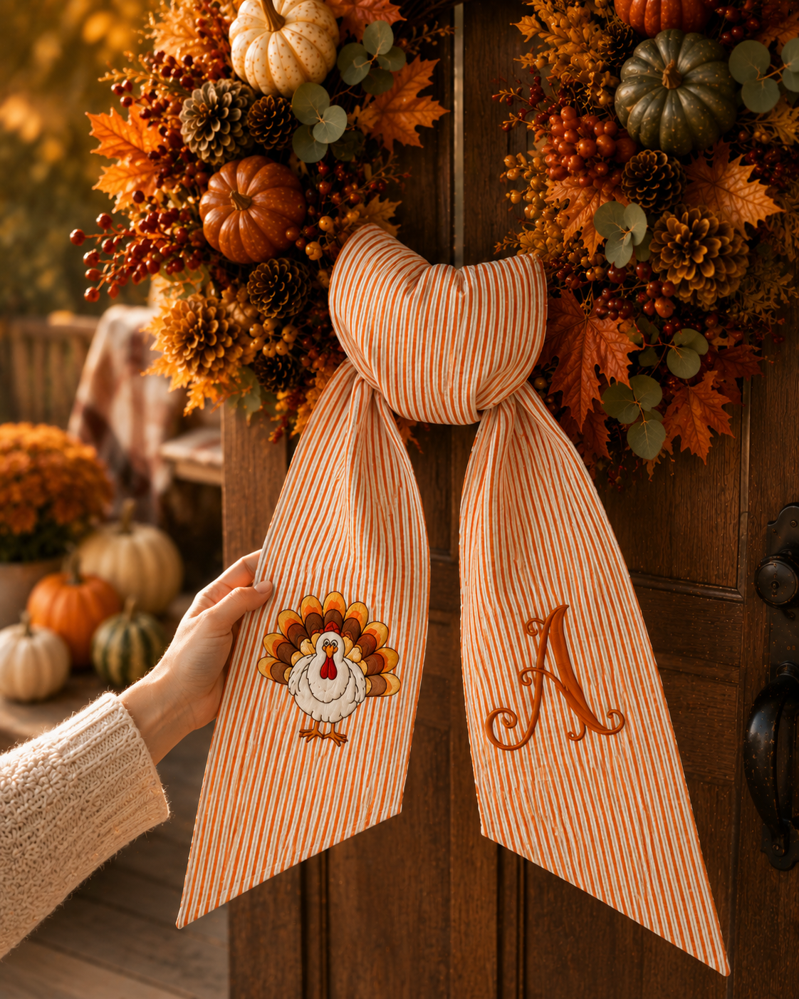 Personalized Thanksgiving Wreath Bow – Embroidered Turkey & Monogram Fall Door Decor