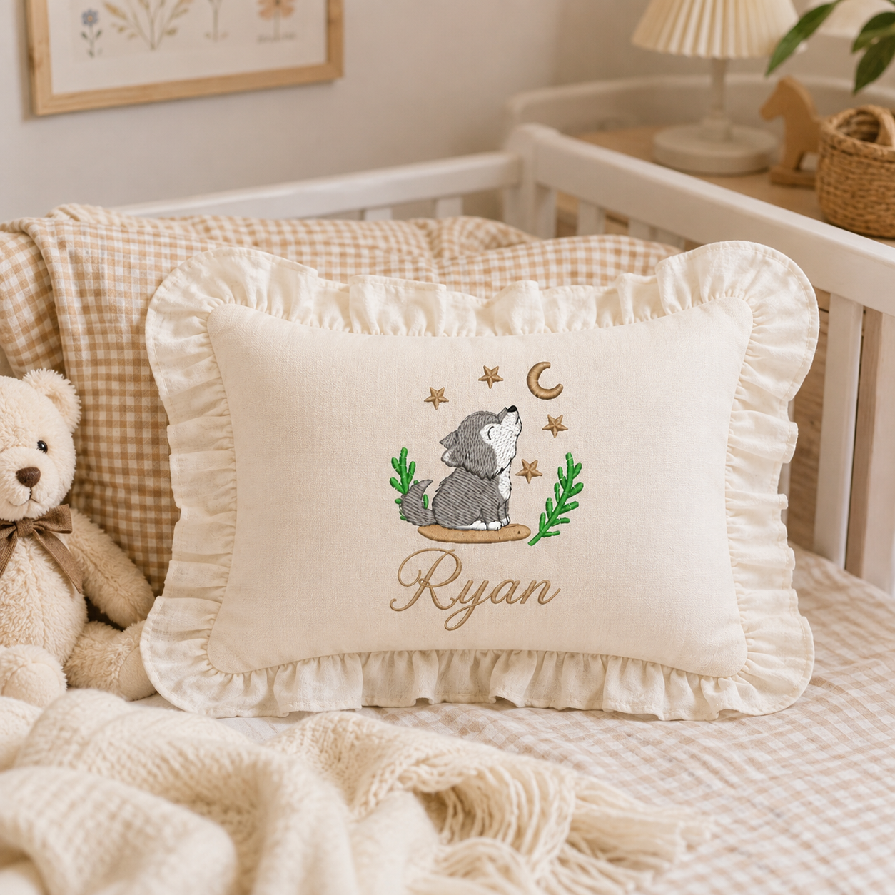 Personalized Baby Name Pillow with Ruffle Trim – Embroidered Woodland Wolf Nursery Pillow