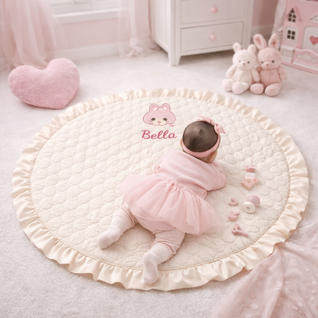 Personalized Round Baby Play Mat, Custom Embroidered Baby Floor Mat with Name, Soft Quilted Nursery Playmat, Baby Shower Gift