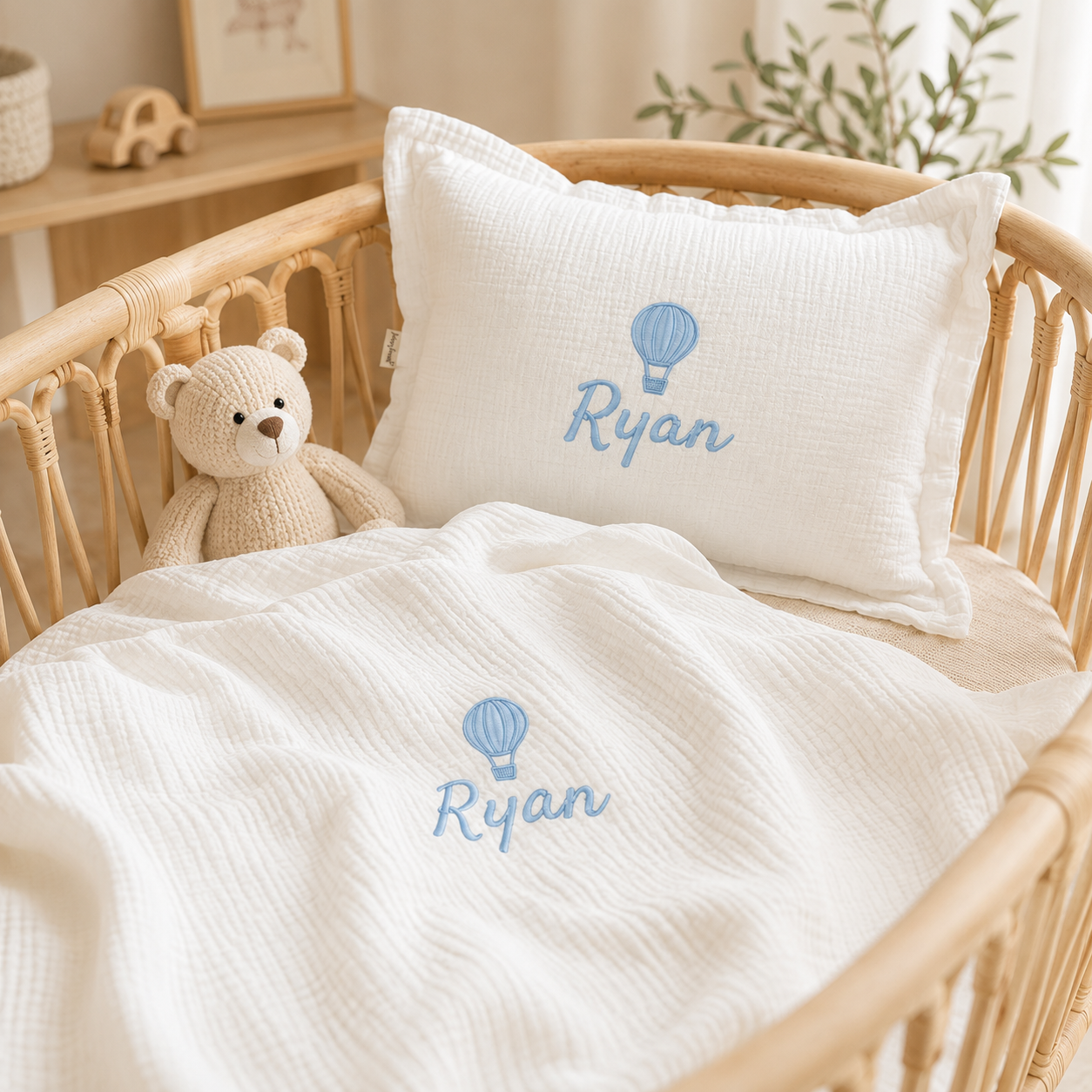 Personalized Muslin Baby Blanket & Pillow Set, Custom Embroidered Baby Name Blanket, Neutral Nursery Bedding, Newborn Gift